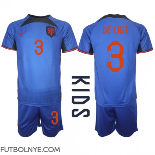 Camiseta Países Bajos Matthijs de Ligt #3 Visitante Equipación para niños Mundial 2022 manga corta (+ pantalones cortos)